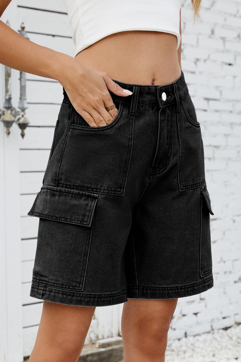 High Rise Denim Shorts with Cargo Pockets