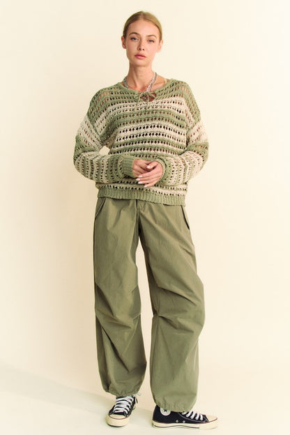 Back To School Sweater - Davi & Dani Contrast Striped Crochet Drop Shoulder Knit Cover Up