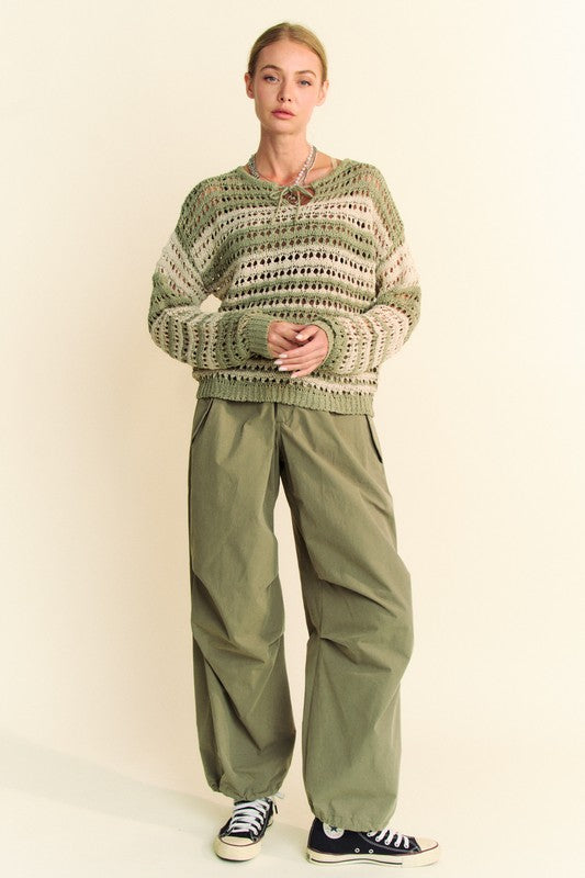 Back To School Sweater - Davi & Dani Contrast Striped Crochet Drop Shoulder Knit Cover Up