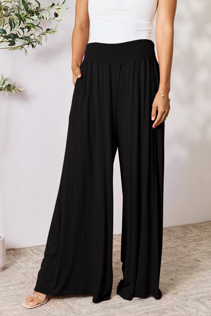Smocked High-Waist Wide Leg Pants Black