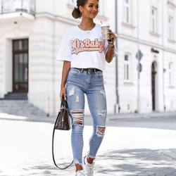Streetstyle Women Clothing Vintage Stretch High Waist Ripped Ripped Jeans Light Blue