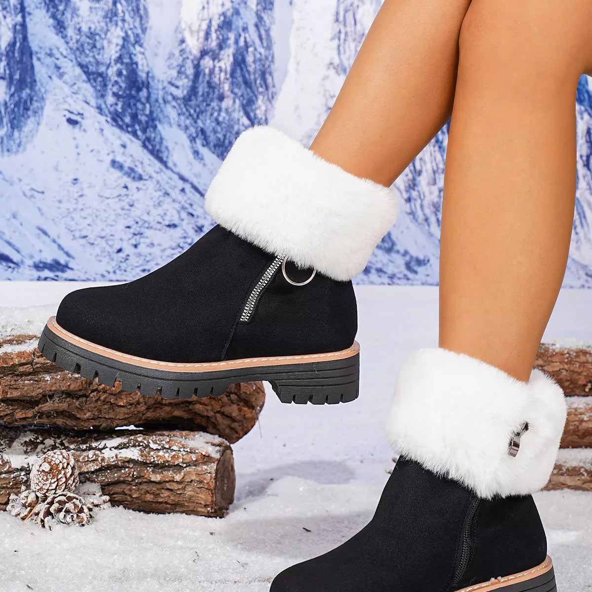 Fuzzy Ankle Boots with Zipper Detail