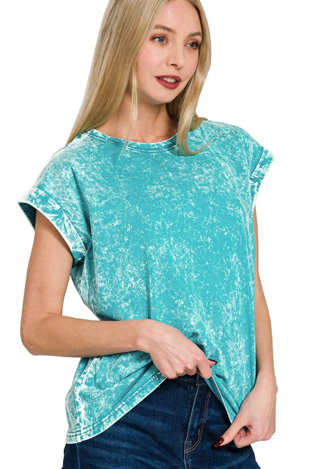 Zenana Crinkle Washed Round Neck Folded Short Sleeve Tee LT TEAL