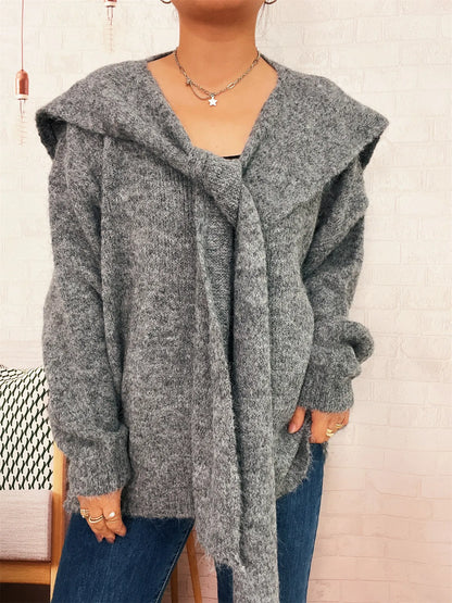 Ribbed Hem V-Neck Sweater with Shawl Gray One Size