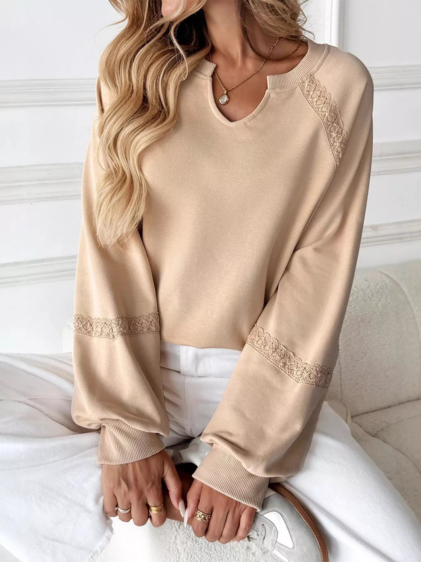 Lace Detail Notched Long Sleeve Sweatshirt Apricot