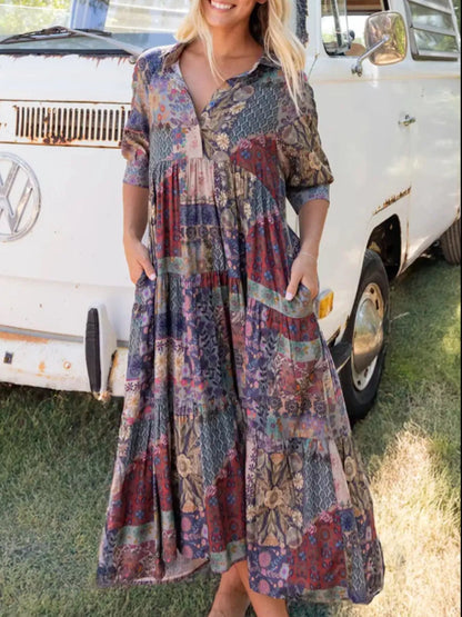 Full Size Printed Half Sleeve Midi Dress Plus Size Purple