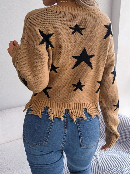 Star Pattern V-Neck Distressed Sweater