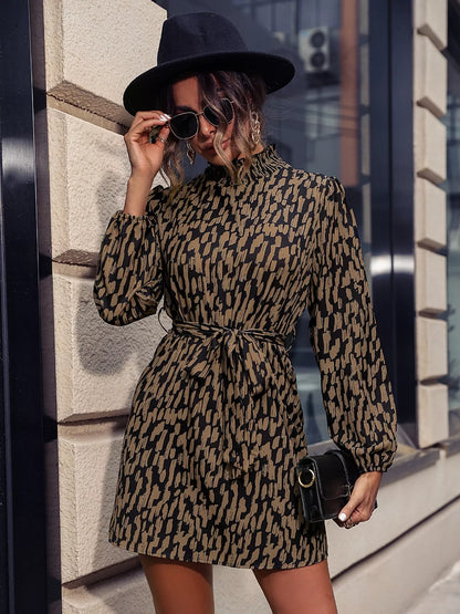 Printed Tie Waist Long Sleeve Dress