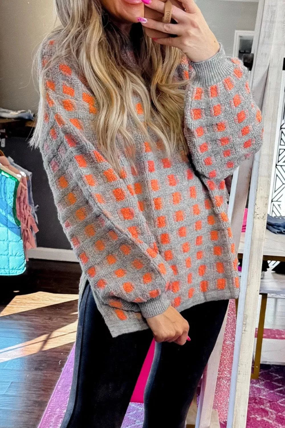 Plaid Round Neck Dropped Shoulder Sweater Gray