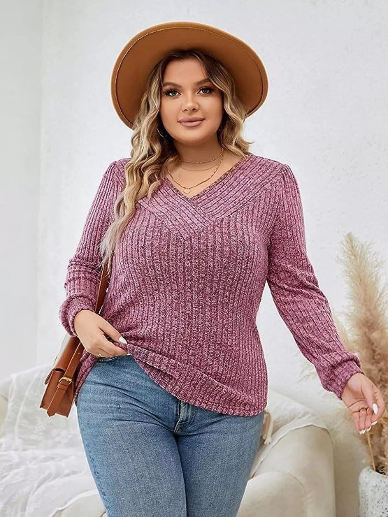 V-Neck Ribbed Long Sleeve Knit Top