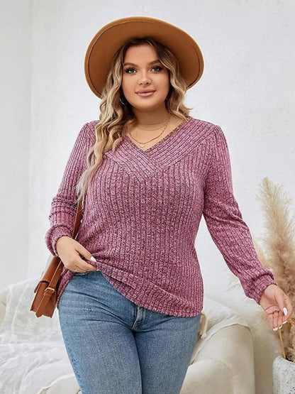 V-Neck Ribbed Long Sleeve Knit Top