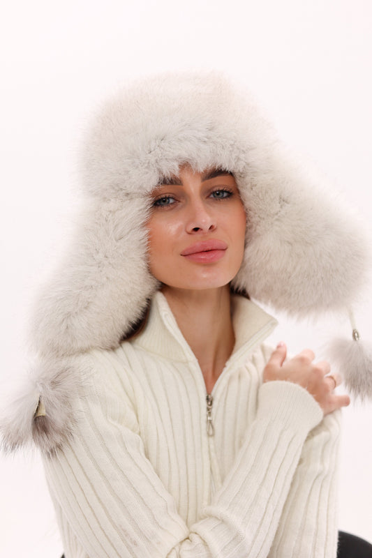 Genuine Arctic Fox Fur Genuine Leather Hat One Size Arcic Fox White Leather