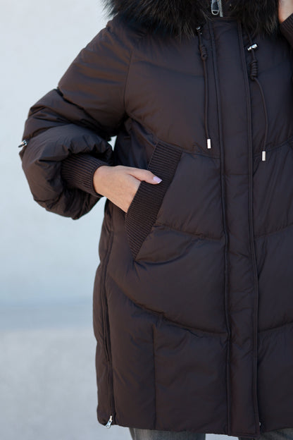 Celeste Genuine Fur Trim Down Fill Coat in Fig