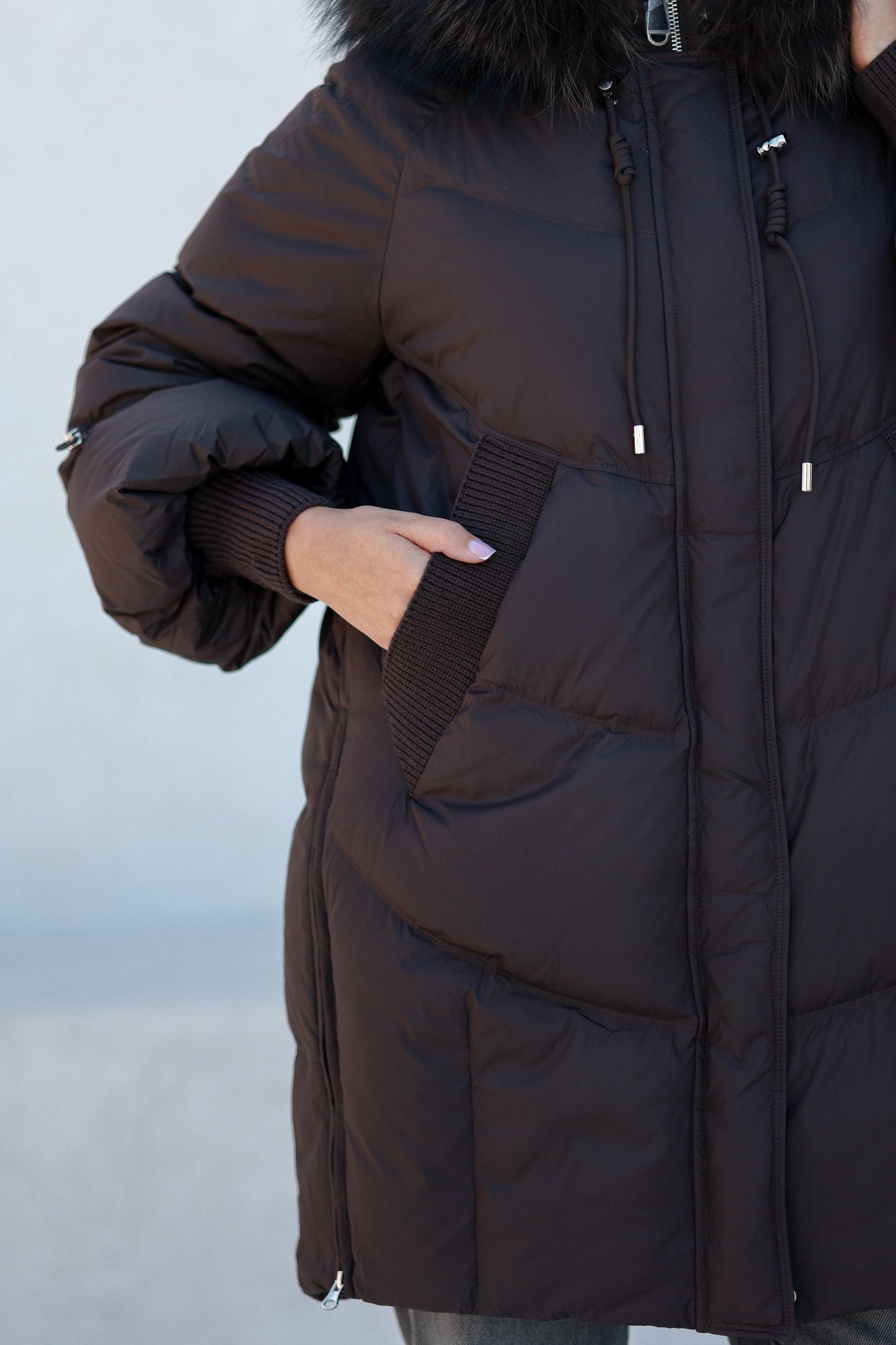 Celeste Genuine Fur Trim Down Fill Coat in Fig