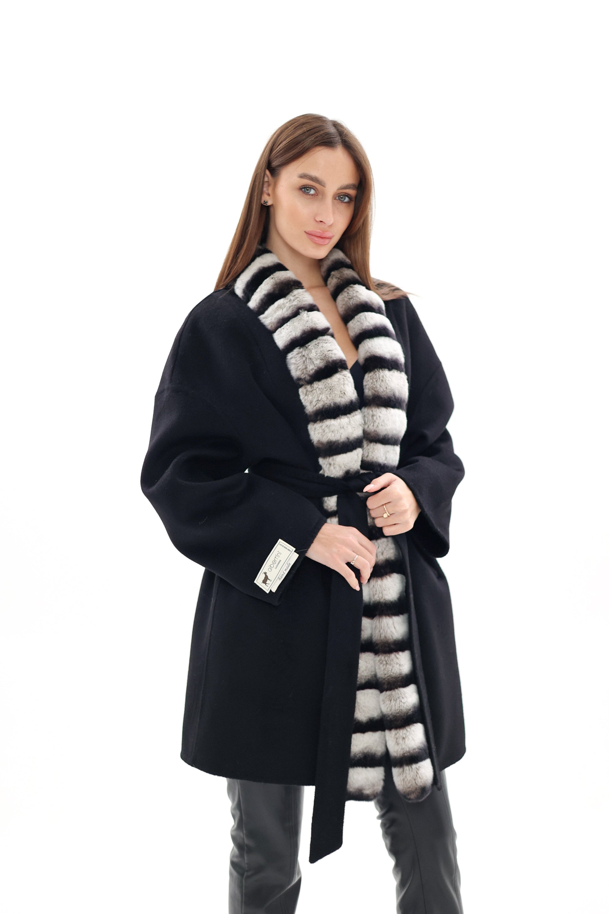 Genuine French Orylag Fur Italian Cashmere Wool Coat 85cm