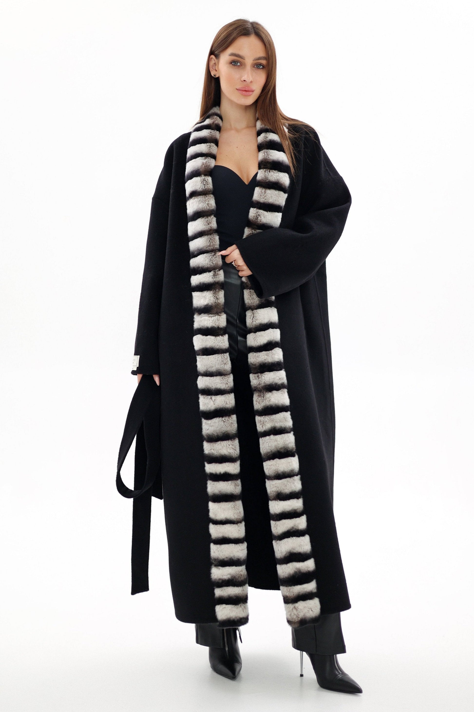 Genuine French Orylag Fur Italian Cashmere Wool Coat Black