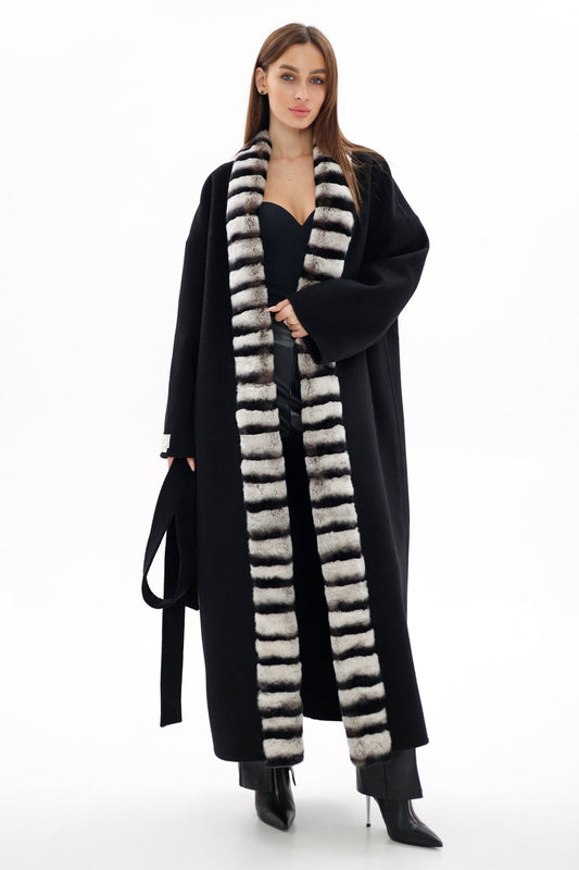 Genuine French Orylag Fur Italian Cashmere Wool Coat Black