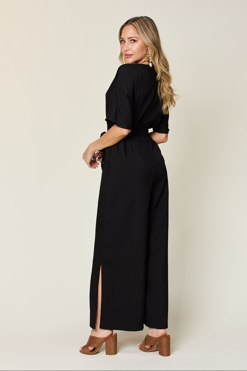 Slit Tie-Front V-Neck Jumpsuit with Short Sleeves