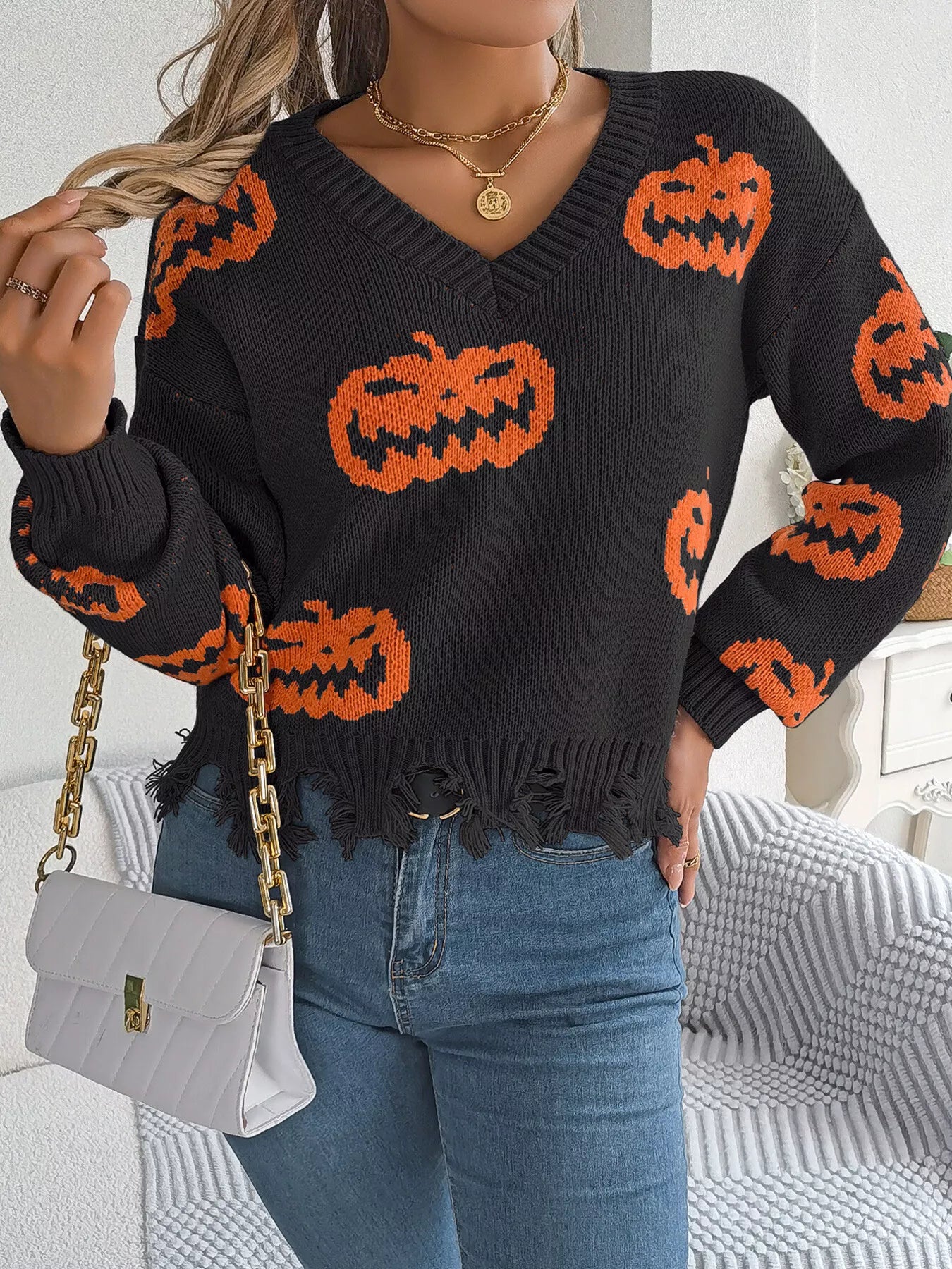 Halloween Pumpkin Pattern Raw Hem V-Neck Sweater