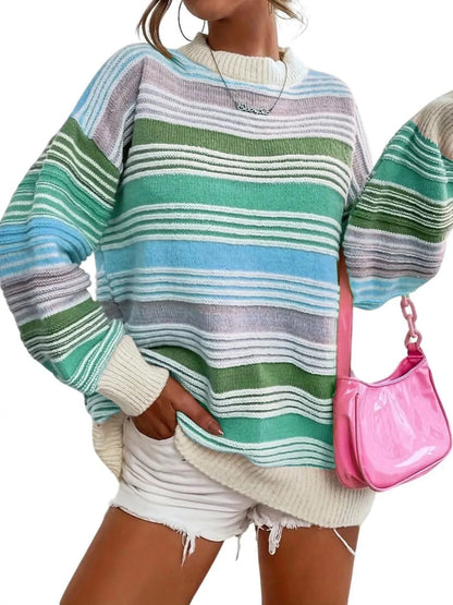 Rainbow Striped Drop Shoulder Oversized Sweater Green