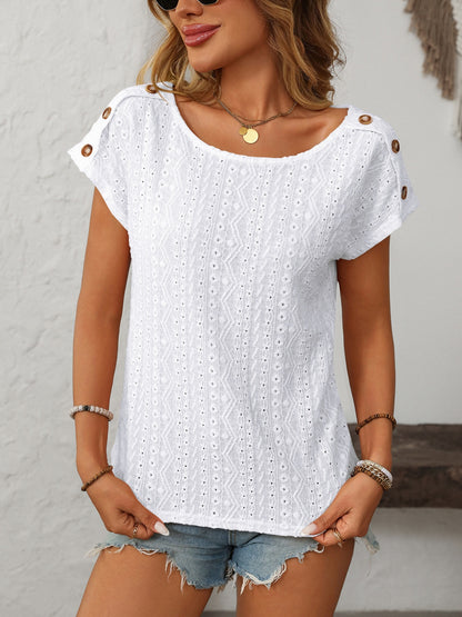 Mandy Eyelet Round Neck Short Sleeve Top White