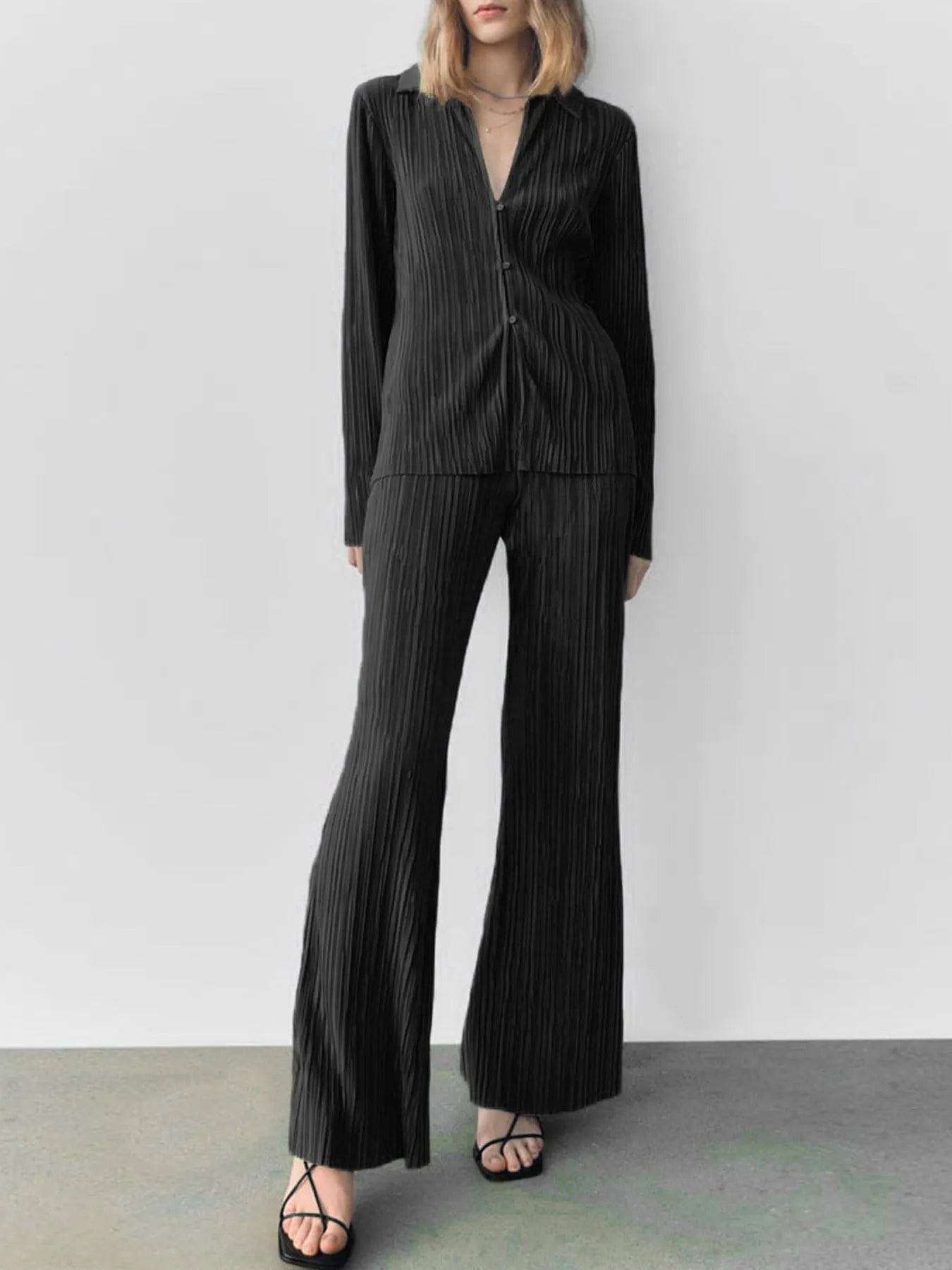 Texture Long Sleeve Top and Pants Lounge Set Black