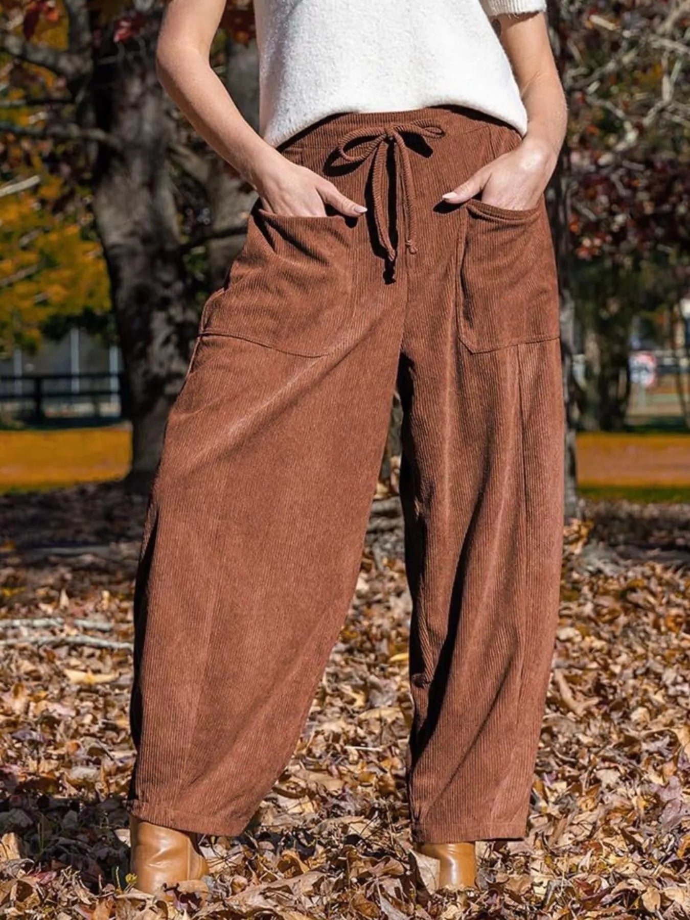 Casual Corduroy Wide Leg Pants with Pockets Brown