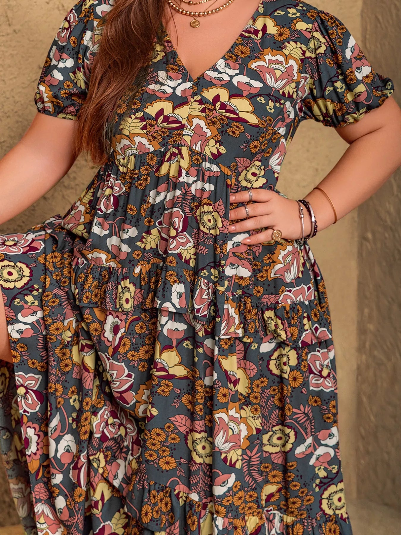 Plus Size V-Neck Short Sleeve Midi Dress