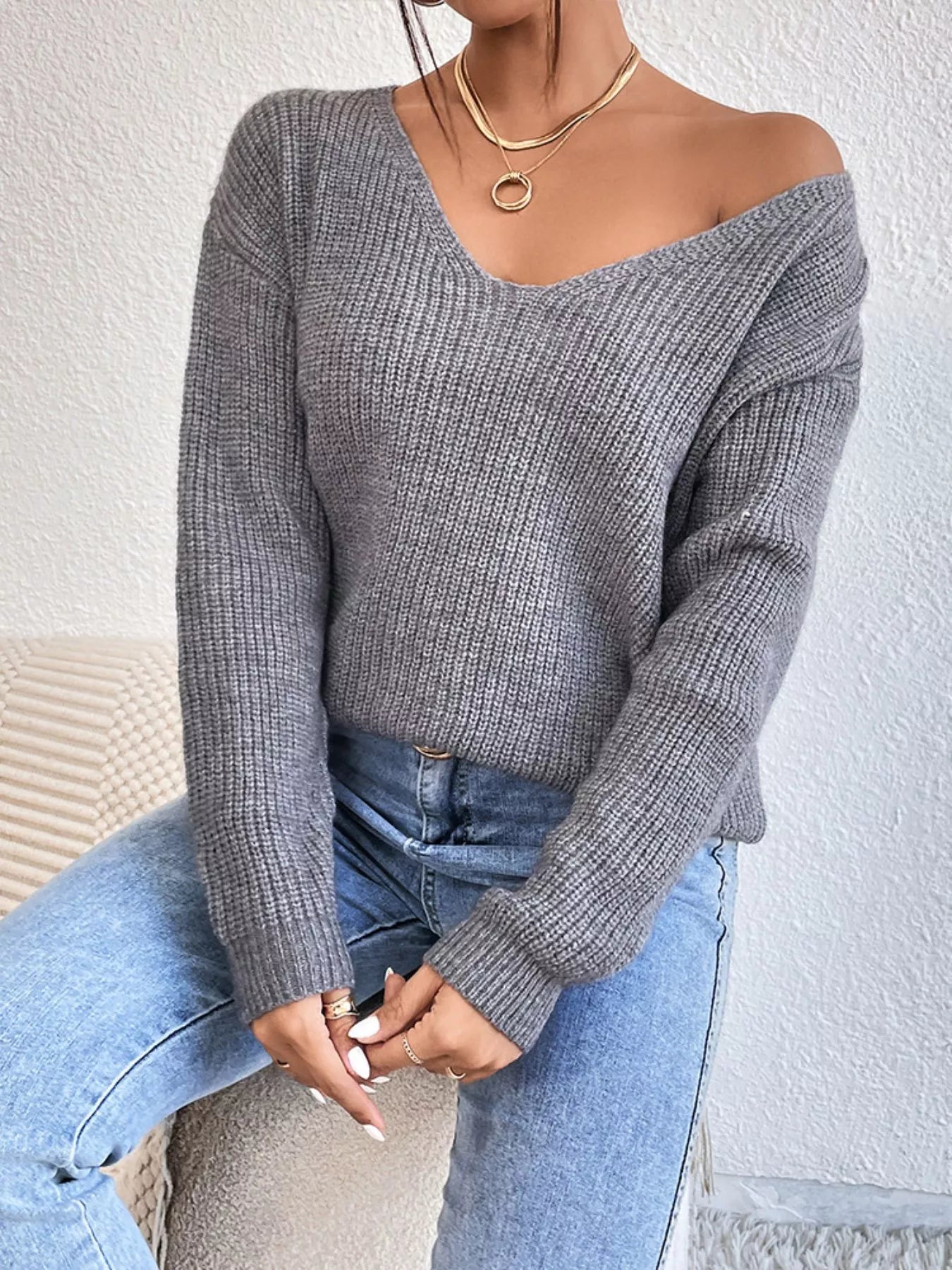 Lace-Trimmed Back V-Neck Sweater
