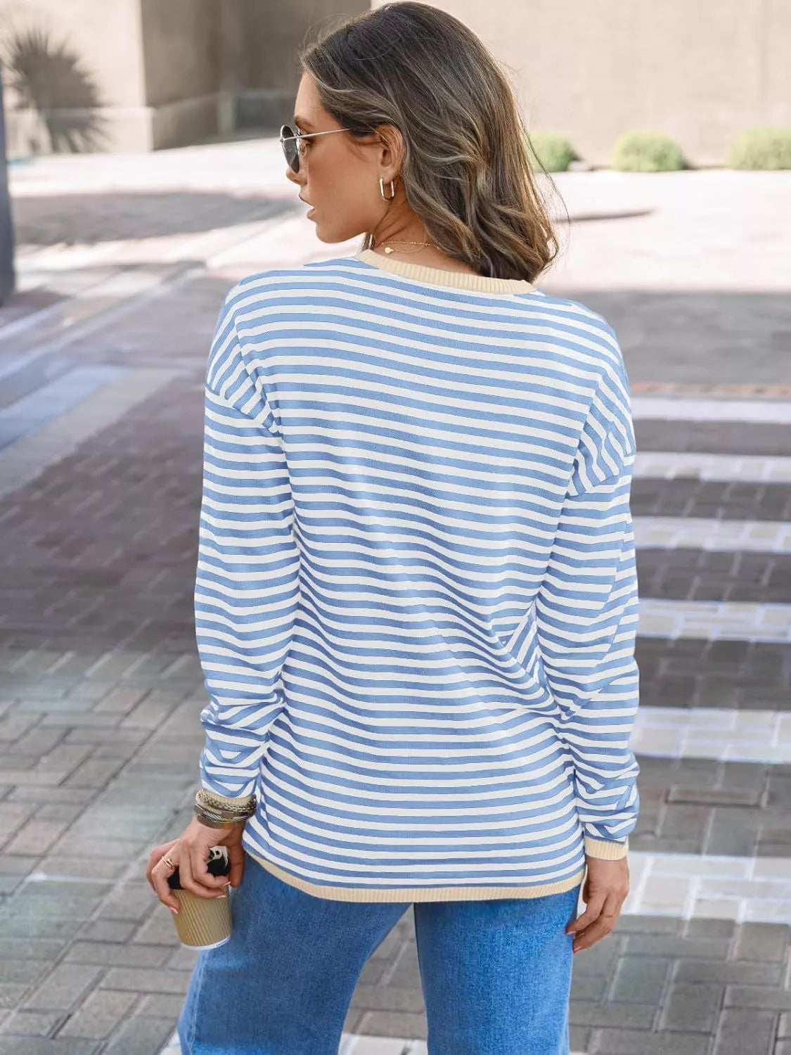 Striped Long Sleeve Sweater with Contrast Ribbed Trim