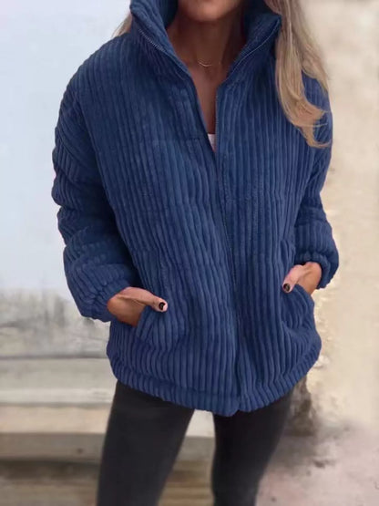 Full Size Zip Up Turtleneck Long Sleeve Winter Coat Plus Size Dark Blue