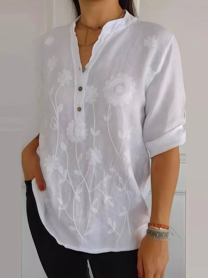 Full Size Floral Embroidered Button Detail Blouse Plus Size White