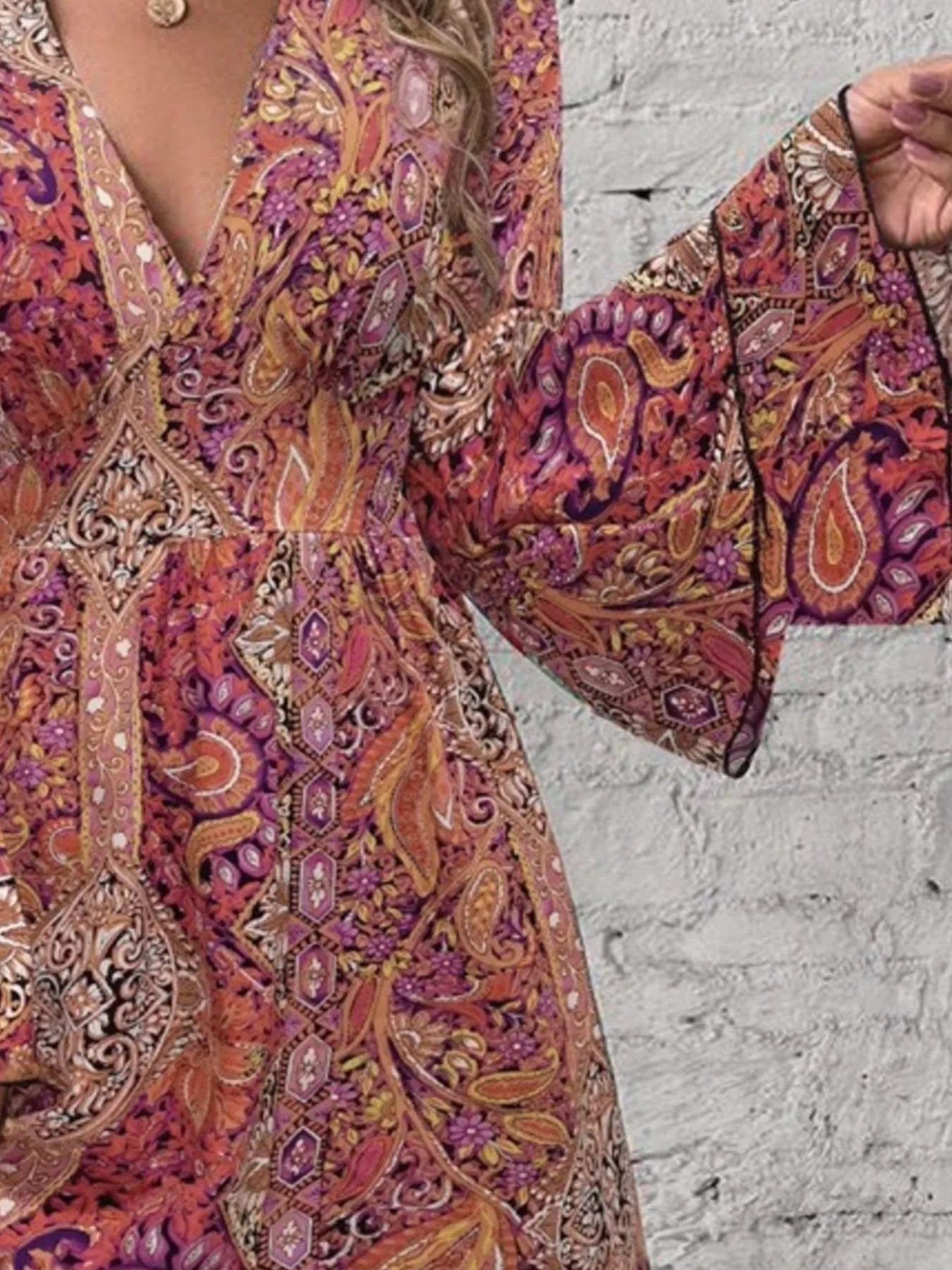 Paisley Print V-Neck Flounce Sleeve Dress