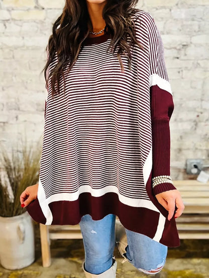 Stripe Color Block Patchwork Dolman Oversize Tunic Sweater Burgundy