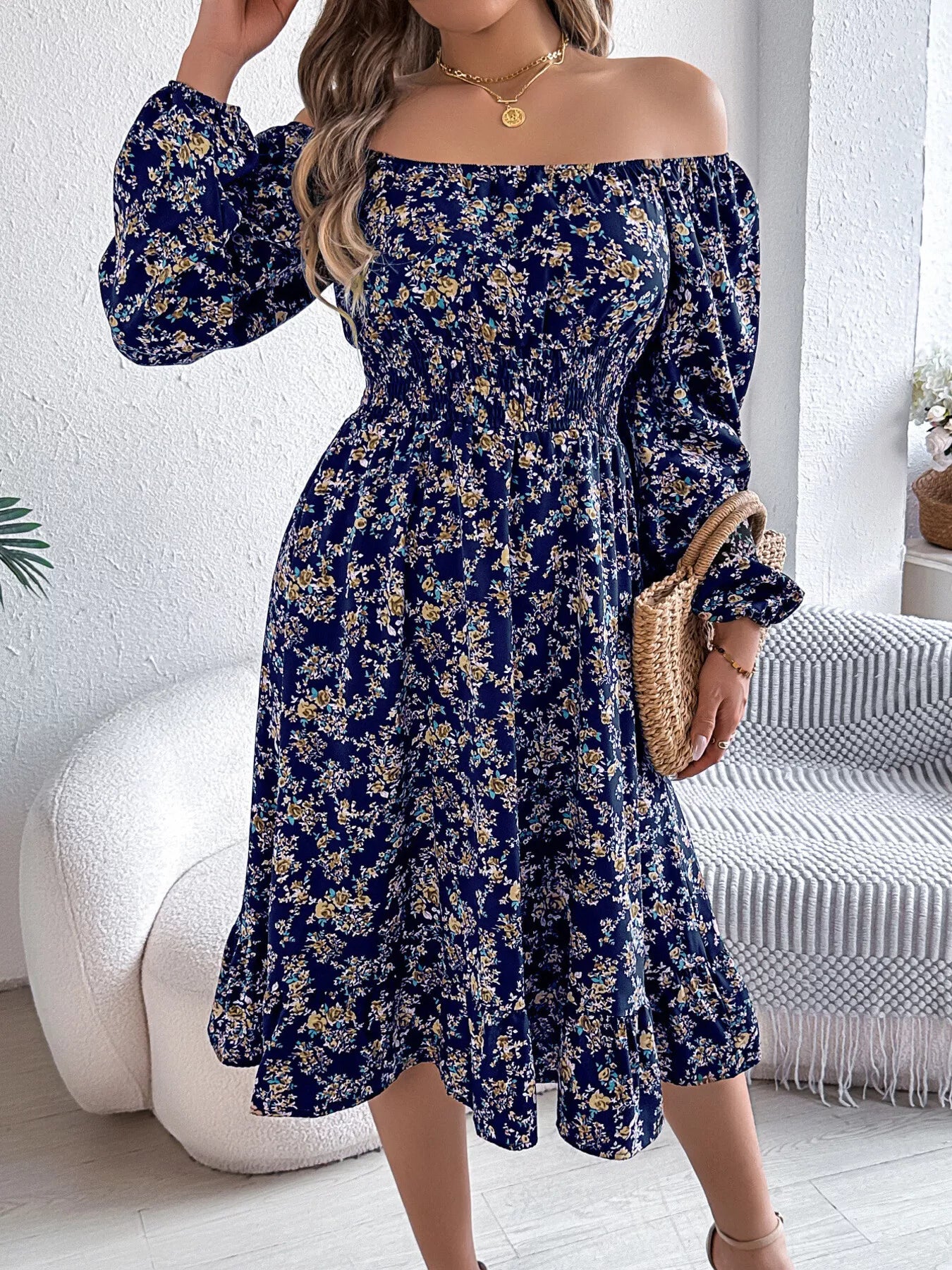 Floral Print Long Sleeve Square Neck Midi Dress