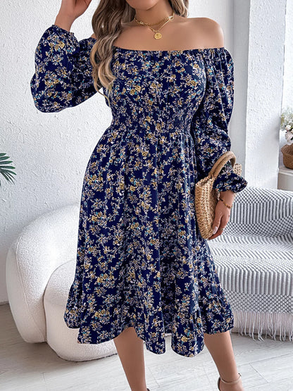Floral Print Long Sleeve Square Neck Midi Dress