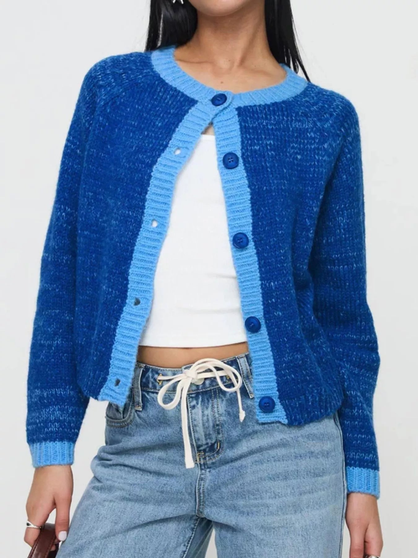 Contrast Trim Button-Up Cardigan Blue