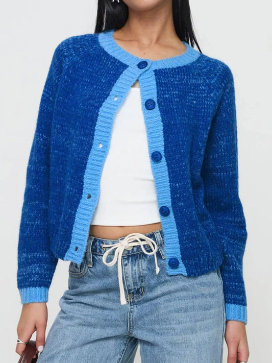 Contrast Trim Button-Up Cardigan Blue