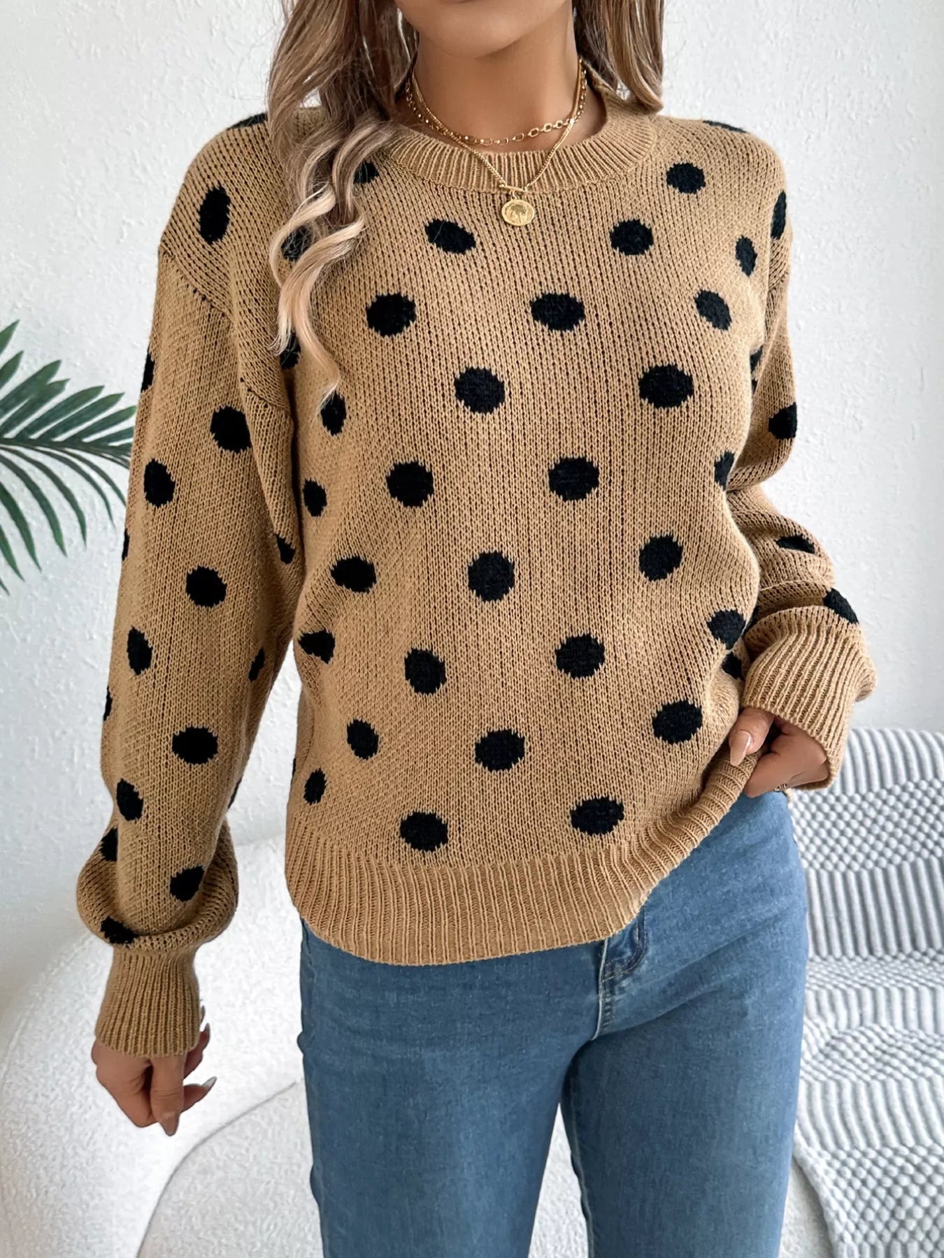 Polka Dot Round Neck Sweater Khaki