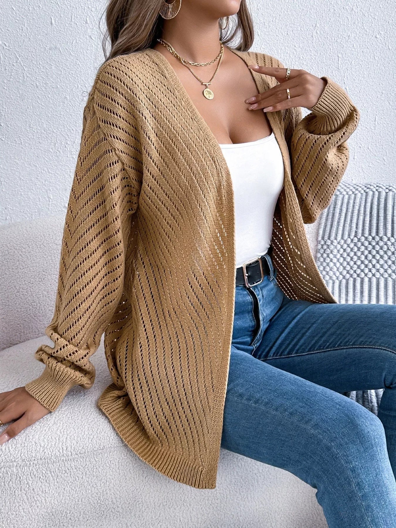 Openwork Open-Front Long Sleeve Cardigan