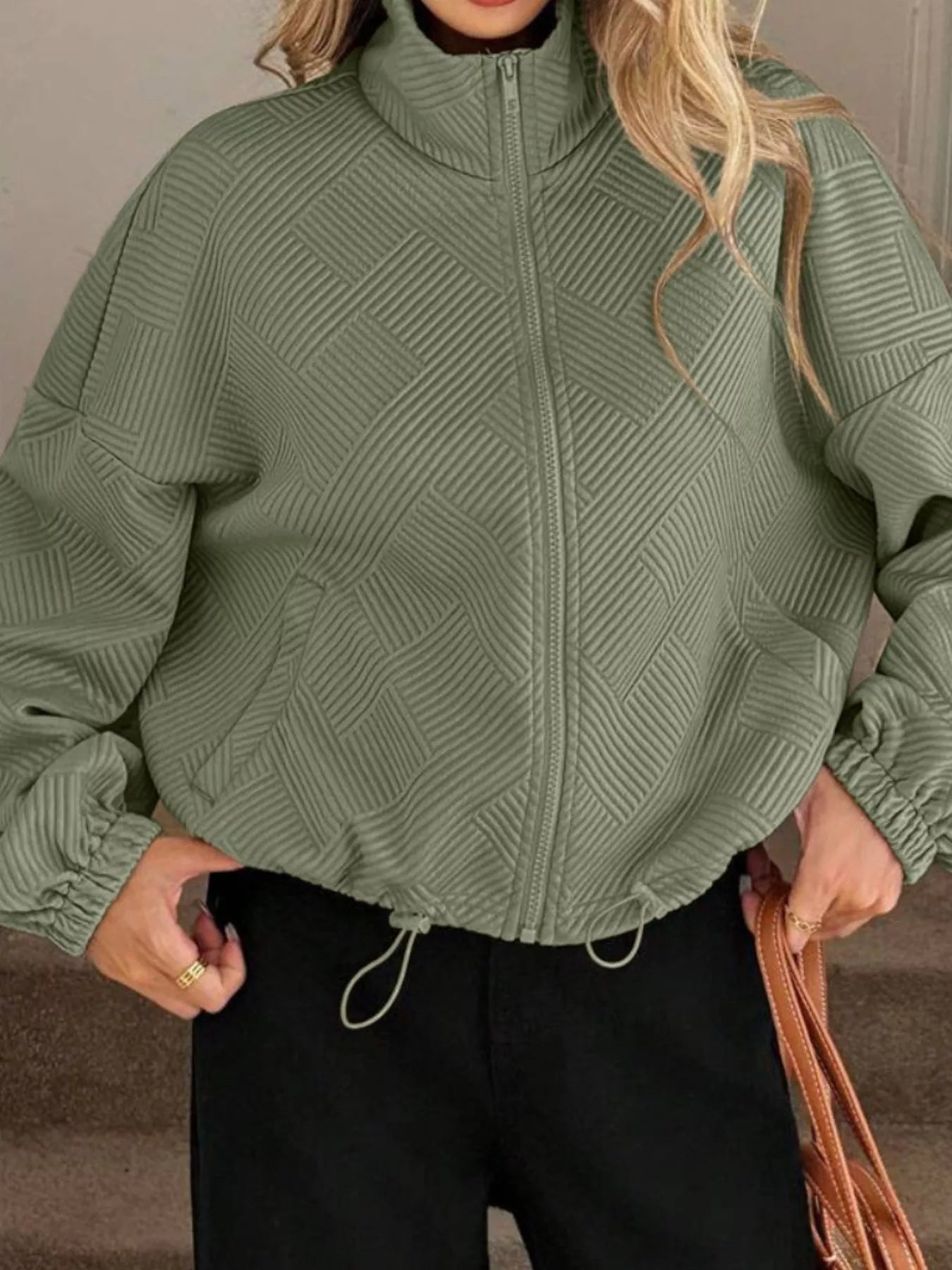 Textured Zip-Up Drawstring Hem Jacket Sage
