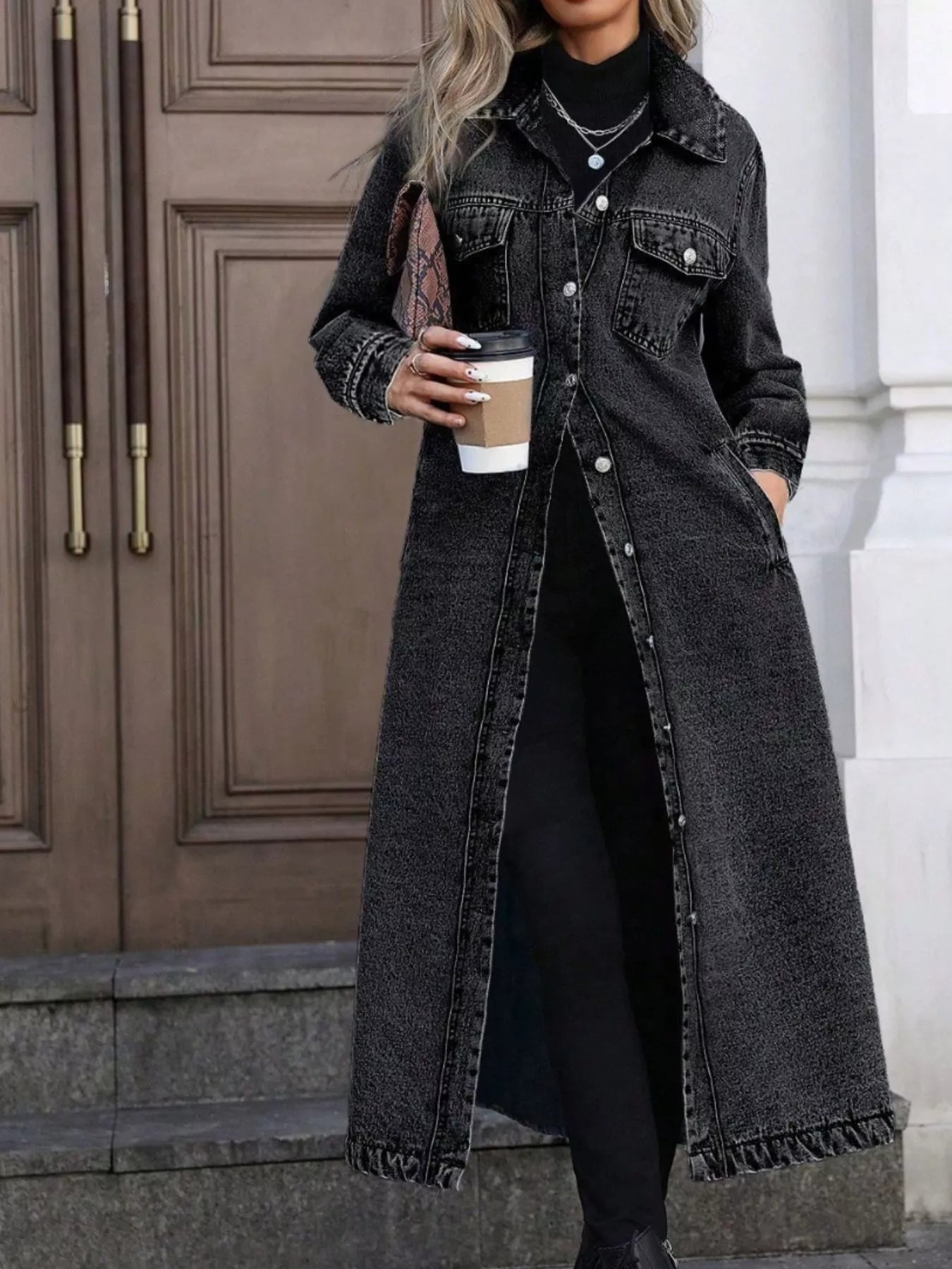 Longline Button-Front Denim Jacket Dark Gray