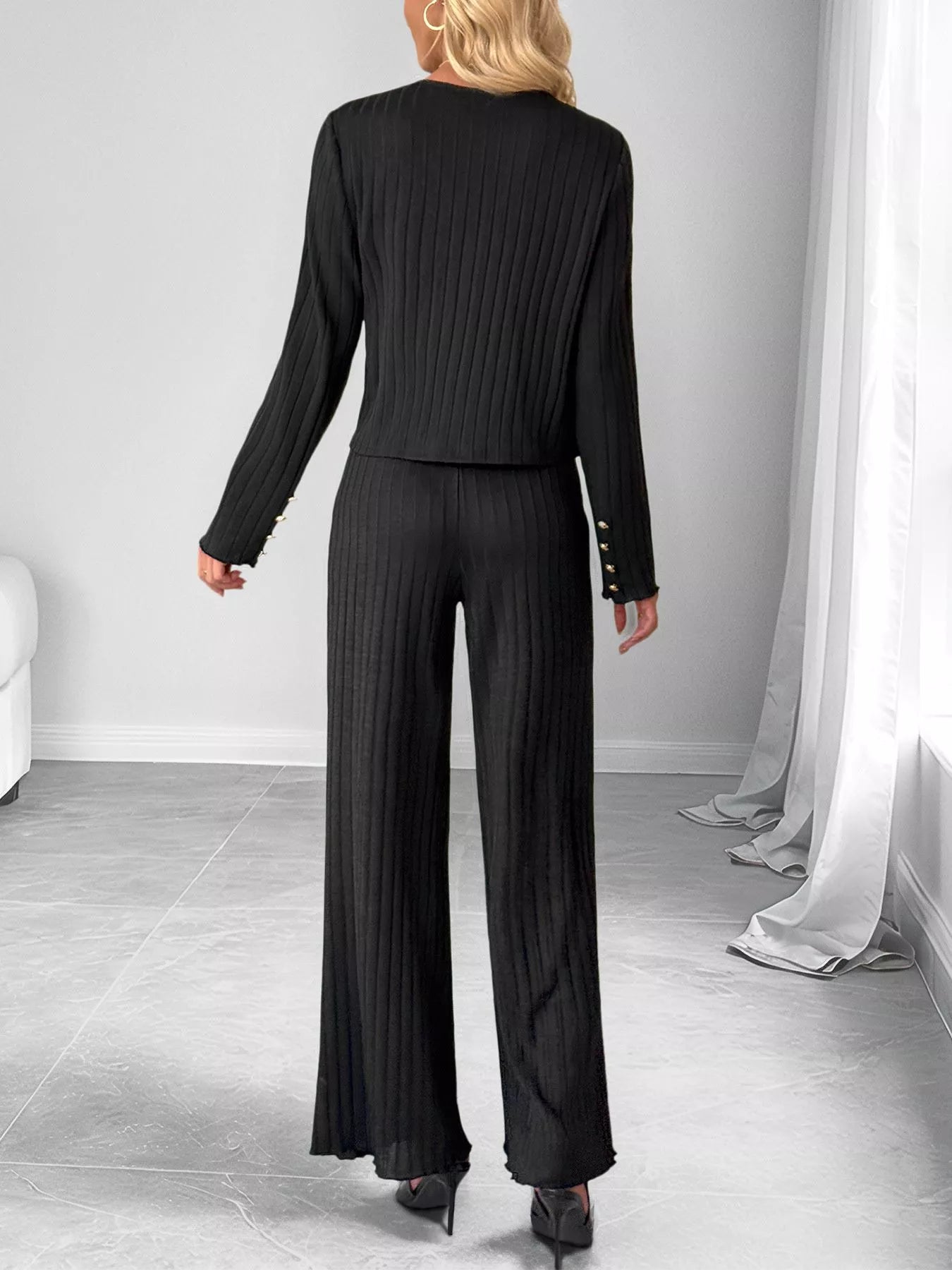Ribbed Knit Cardigan & Wide Leg Pants Set