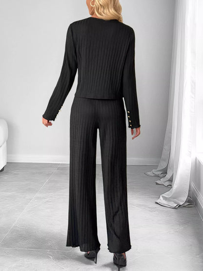 Ribbed Knit Cardigan & Wide Leg Pants Set