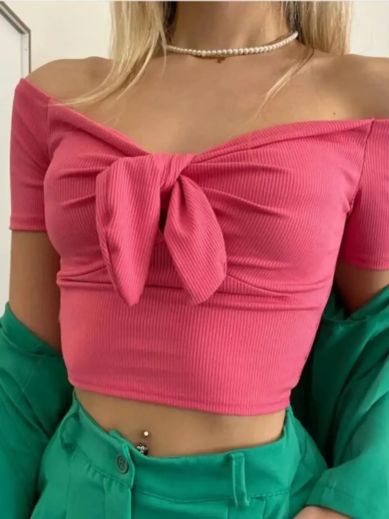 Off-Shoulder Bow-Tie Crop Top Rose Red