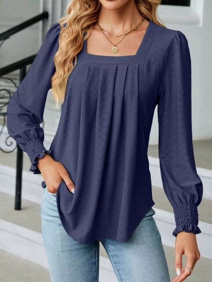 Pleated Square Neck Long Sleeve Top Dusty Blue