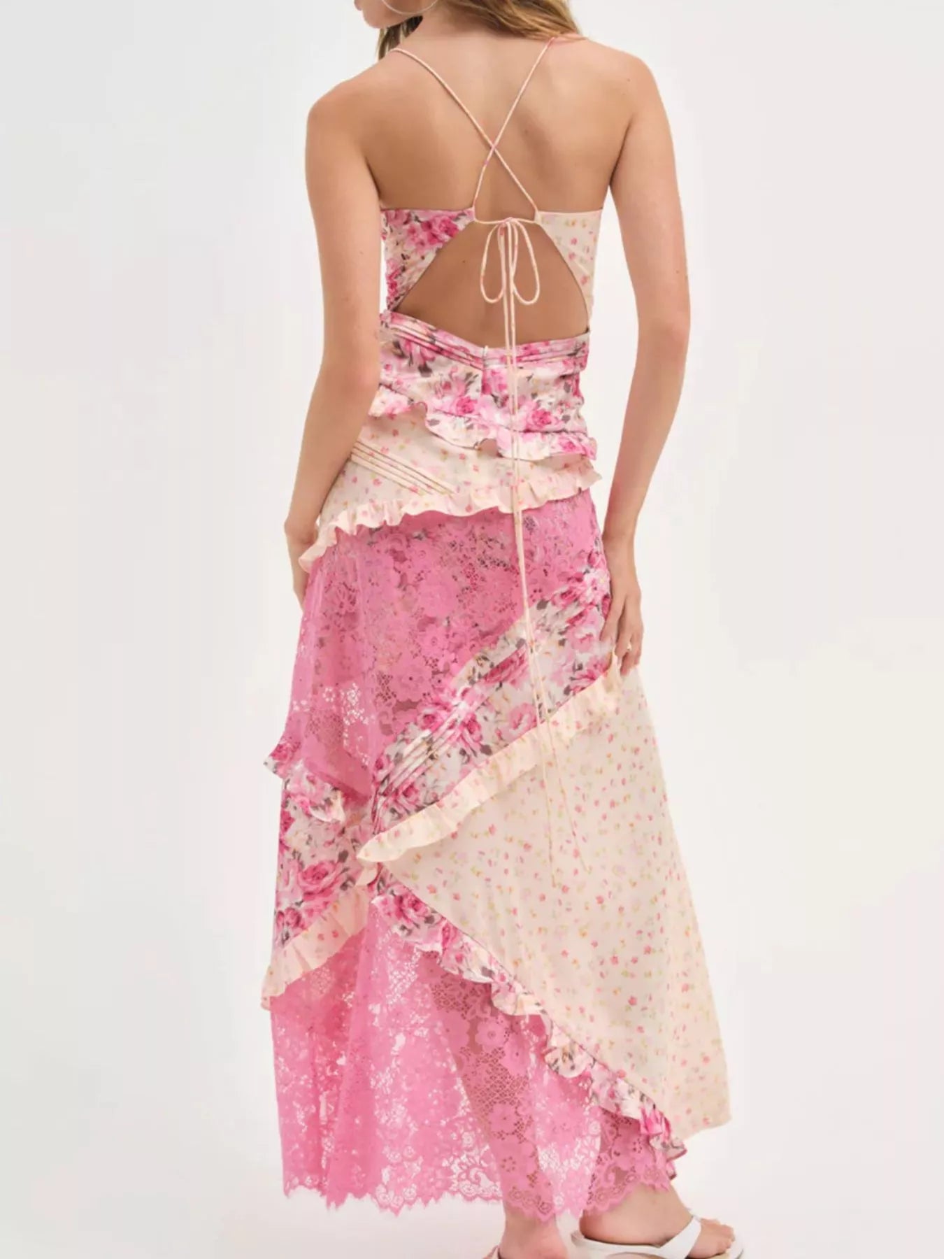 Lace Detail Ruffled Floral V-Neck Maxi Dress Coral Red