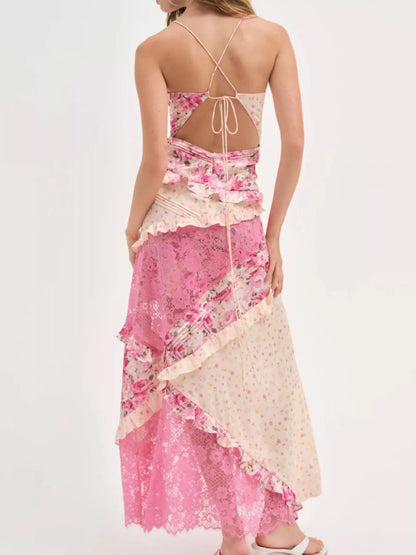 Lace Detail Ruffled Floral V-Neck Maxi Dress Coral Red