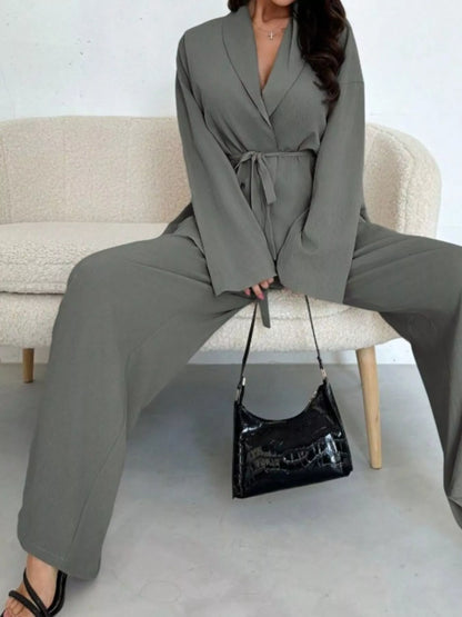 Front Tied Shirt and Wide-Leg Pants Set