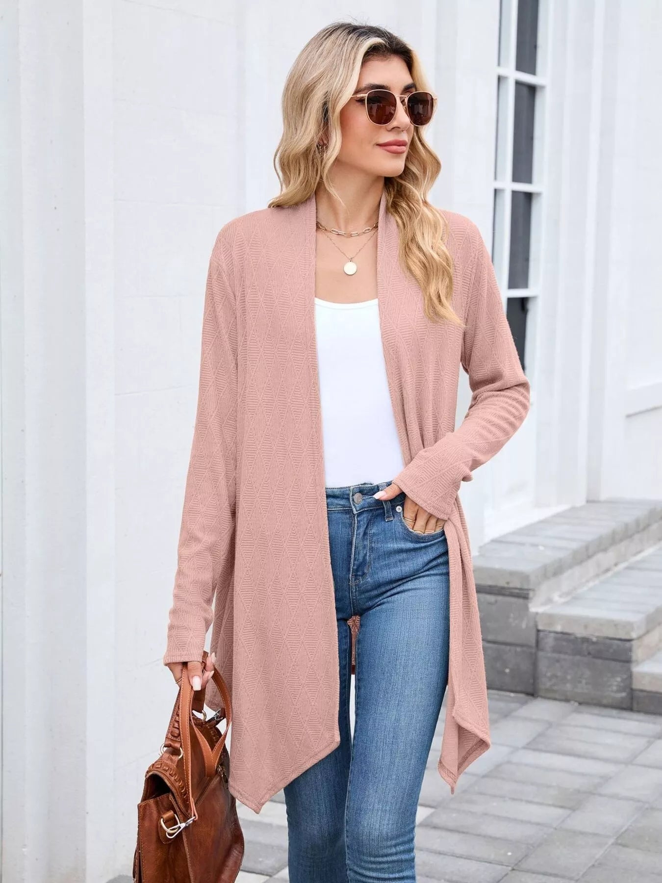 Open Front Long Cardigan Pink